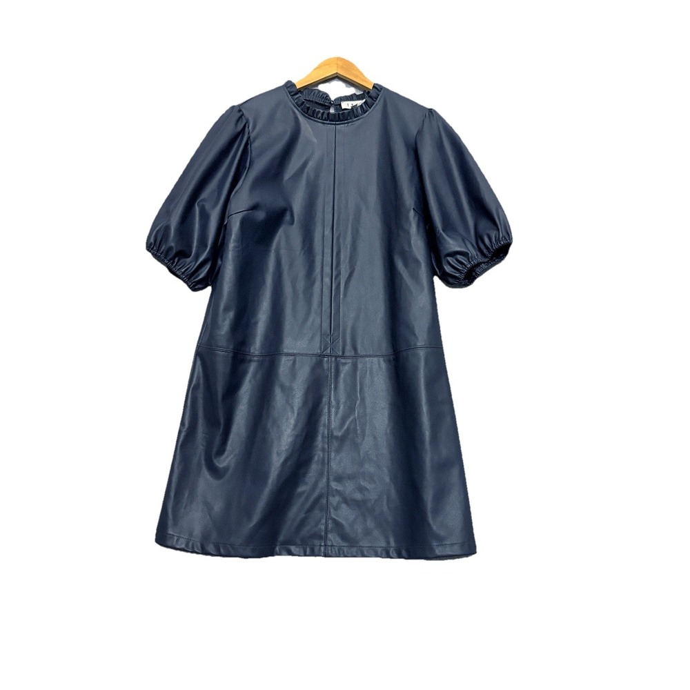 THML Faux Leather Navy Shift Dress Size XL Ruffle Neck Balloon Sleeve Grunge‎